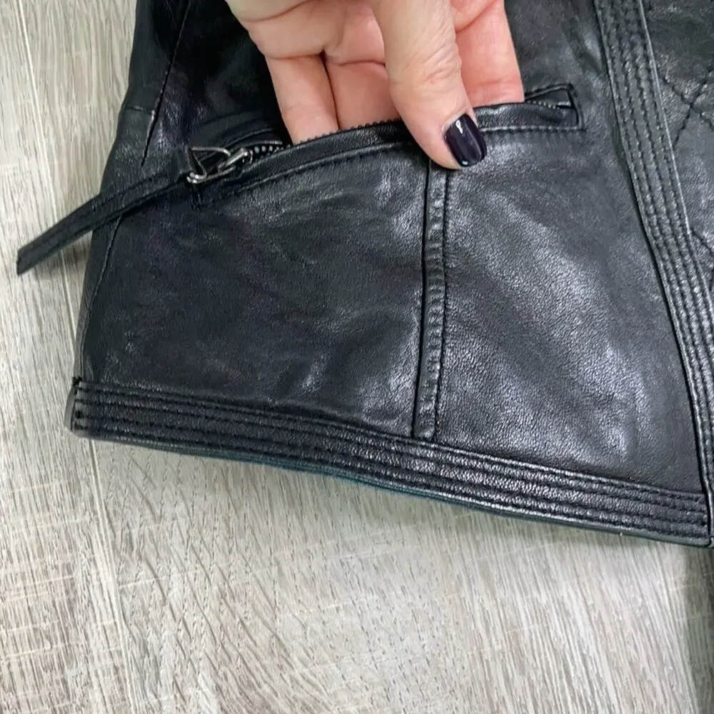IZZAT BABA NEW YORK Women's Black Cross Zip Front Leather Jacket